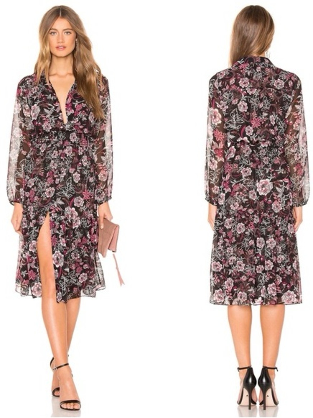 Misa LAYSI black pink floral button shirt dress Ruffle Flowy Chiffon Size XS